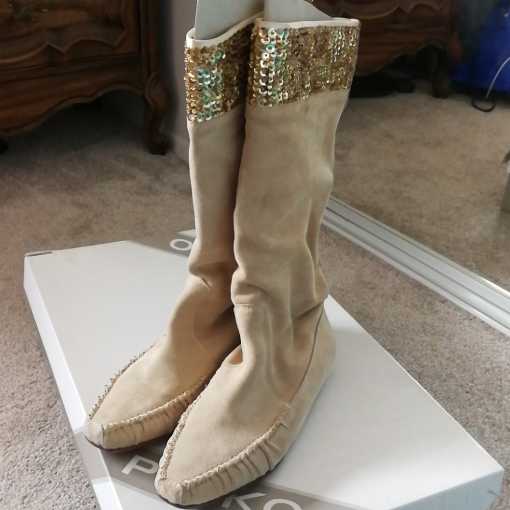PINKO NWT Luxury Beige Suede Leather Boots Knee High Size 7 Made in Italy New